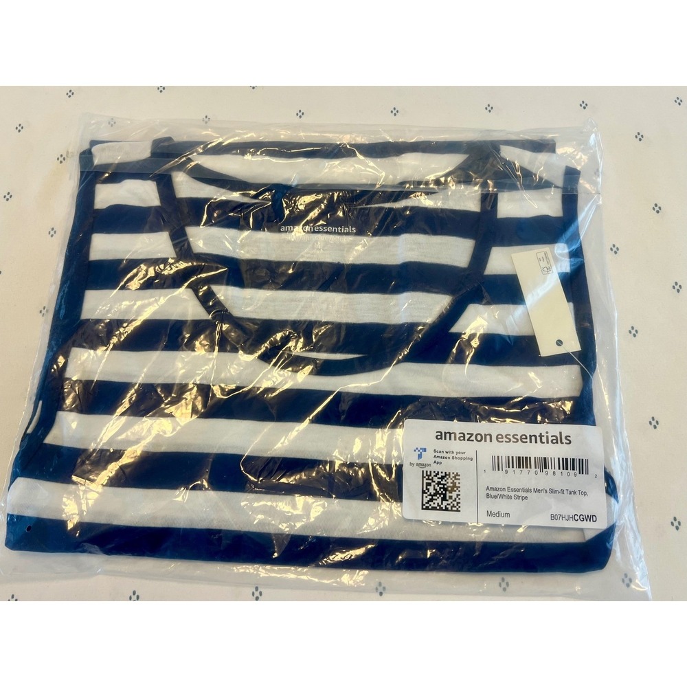 Amazon Essentials Men's Slim Fit Tank Top Blue/White Stripe Casual‎ Coastal NWT - Picture 2 of 5